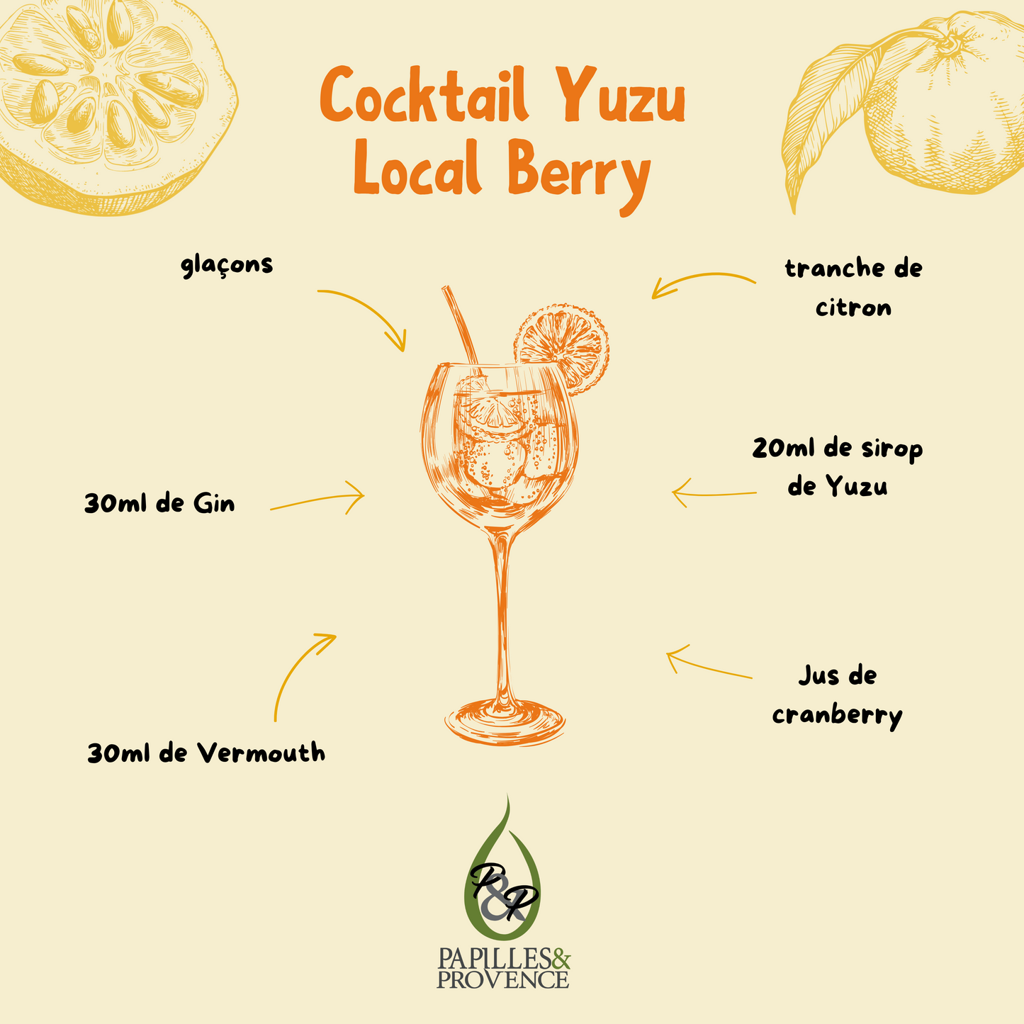 Recette de Cocktail : Yuzu Local Berry
- 20 ml de sirop de Yuzu
- 30ml de Gin
- 30 ml de Vermouth
- Ajouter quelques glaçons
- Ajuster en jus de cranberry
- Tranche de citron pour la décoration